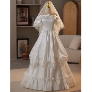 Élégant Blanche Satin Fleur Robe De Mariée 2025 Princesse De L Épaule Manches Courtes Dos Nu Longue