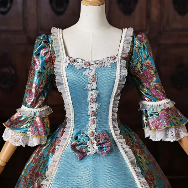 Vintage / Retro Medieval Sky Blue Bow Printing Prom Dresses 2026 Ball Gown Square Neckline Bell sleeves Backless Floor-Length / Long Formal Dresses