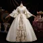 Vintage / Retro Medieval Champagne Sequins Bow Lace Flower Cosplay Prom Dresses 2025 Ball Gown High Neck Bell sleeves Floor-Length / Long Formal Dresses