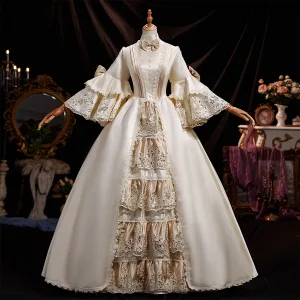 Medieval Vintage Retro Champagne Lace Flower Sequins Bow Prom Dresses 2025 Ball Gown High Neck Bell Sleeves Floor Length Long Prom Formal Dresses