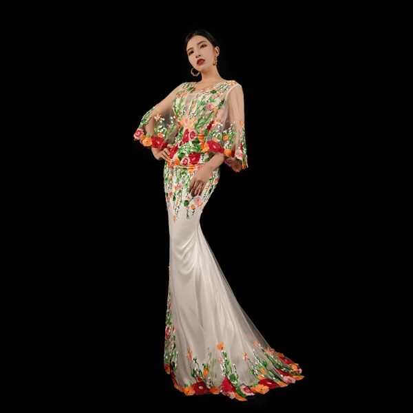 High-end Multi-Colors Embroidered Flower Evening Dresses 2023 Trumpet / Mermaid V-Neck 3/4 Sleeve Sweep Train Evening Party Formal Dresses