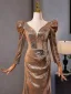 Scintillantes Doré Paillettes Robe De Bal 2024 Trompette / Sirène V-Cou Manches Longues Dos Nu Train De Balayage Promo Robe De Ceremonie