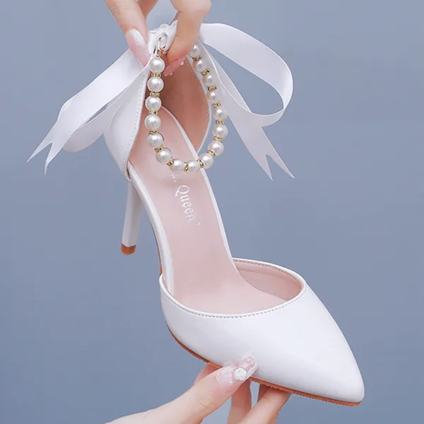 Chic / Beautiful Sky Blue Pearl Ankle Strap Bow Prom Womens Shoes 2024 7 cm Stiletto Heels Pointed Toe High Heels