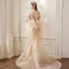 Sexy Champagne Paillettes Robe De Soirée 2022 Trompette / Sirène Satin Bretelles Spaghetti Sans Manches Dos Nu Noeud Tribunal Train Soirée Robe De Ceremonie