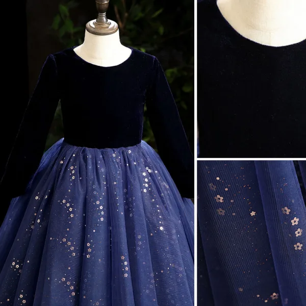 Vintage / Retro Navy Blue Suede Prom Flower Girl Dresses 2022 Ball Gown Scoop Neck Sequins Long Sleeve Floor-Length / Long Flower Girl Dresses
