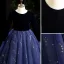 Vintage / Retro Navy Blue Suede Prom Flower Girl Dresses 2022 Ball Gown Scoop Neck Sequins Long Sleeve Floor-Length / Long Flower Girl Dresses