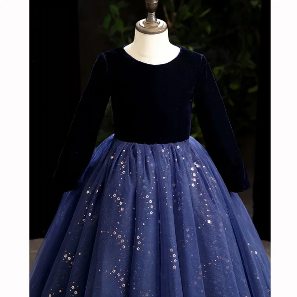Vintage / Retro Navy Blue Suede Prom Flower Girl Dresses 2022 Ball Gown Scoop Neck Sequins Long Sleeve Floor-Length / Long Flower Girl Dresses