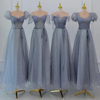 Modest Simple Sky Blue Spotted Bridesmaid Dresses 2022 A Line Princess Sequins Short Sleeve Backless Floor Length Long