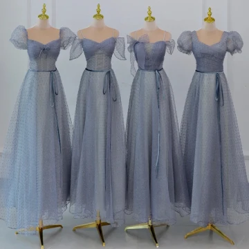 Modest Simple Sky Blue Spotted Bridesmaid Dresses 2022 A Line Princess Sequins Short Sleeve Backless Floor Length Long