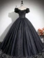 Chic / Beautiful Black Glitter Prom Dresses 2024 Ball Gown Off-The-Shoulder Short Sleeve Backless Floor-Length / Long Prom Formal Dresses