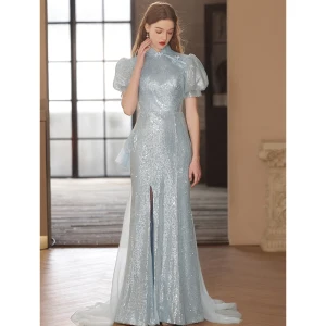 Chinese Style Sparkly Sky Blue Sequins Evening Dresses 2023 Trumpet Mermaid High Neck Short Sleeve Sweep Train Evening Party Formal Dresses