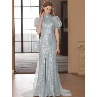 Style Chinois Scintillantes Bleu Ciel Paillettes Robe De Soirée 2023 Trompette Sirène Col Haut Manches Courtes Train De Balayage Soirée Robe De Ceremonie