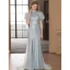 Style Chinois Scintillantes Bleu Ciel Paillettes Robe De Soirée 2023 Trompette / Sirène Col Haut Manches Courtes Train De Balayage Soirée Robe De Ceremonie