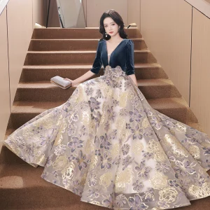 Mode Bleu Marine Impression Robe De Bal 2023 Princesse V Cou 1 2 Manches Longue Promo Robe De Ceremonie