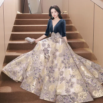 Moda Marino Oscuro Impresión Vestidos De Gala 2023 A Line Princess V Cuello 1 2 Ærmer Largos Gala Vestidos Formales