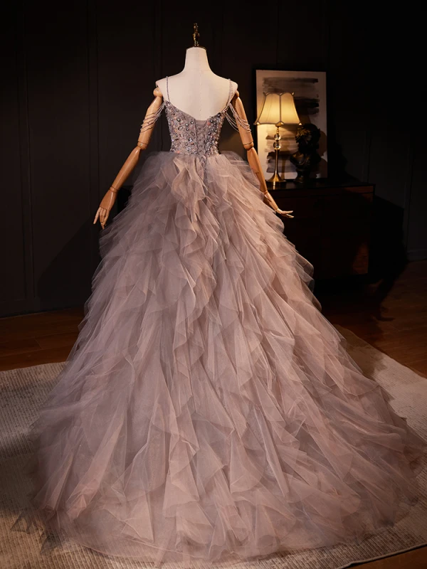 High-end Grey Beading Pearl Sequins Cascading Ruffles Prom Dresses 2024 Ball Gown Spaghetti Straps Sleeveless Backless Floor-Length / Long Prom Formal Dresses