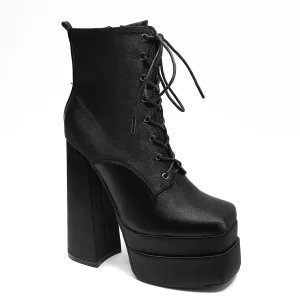 Unusual Black Cocktail Party Womens Boots 2023 Waterproof 14 Cm Thick Heels Square Toe Boots High Heels