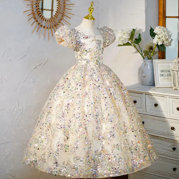 Sparkly Champagne Multi-Colors Sequins Birthday Flower Girl Dresses 2022 Ball Gown Square Neckline Puffy Short Sleeve Backless Floor-Length / Long Flower Girl Dresses