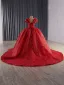 Luxury / Gorgeous Red Handmade  Beading Sequins Wedding Dresses 2025 Ball Gown V-Neck Short Sleeve Backless Bow Court Train Wedding