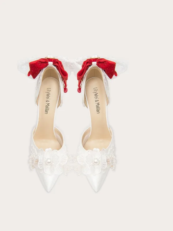 Charming White Bow Lace Flower Wedding Shoes 2024 Leather 10 cm Stiletto Heels Pointed Toe Wedding High Heels