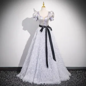 Sparkly Silver Sequins Tassel Prom Dresses 2025 A Line Princess Square Neckline Short Sleeve Backless Bow Sash Floor Length Long Prom Formal Dresses