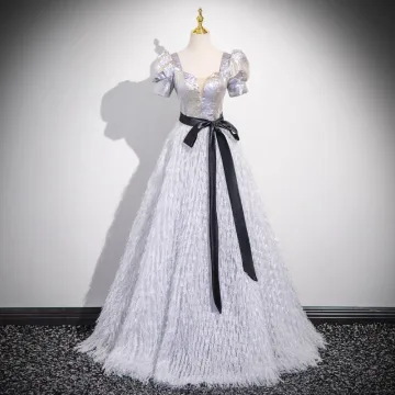 Sparkly Silver Sequins Tassel Prom Dresses 2025 A Line Princess Square Neckline Short Sleeve Backless Bow Sash Floor Length Long Prom Formal Dresses