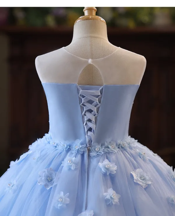 Chic / Beautiful Sky Blue Pearl Appliques Birthday Flower Girl Dresses 2025 Ball Gown Scoop Neck Sleeveless Backless Floor-Length / Long