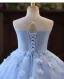 Chic / Beautiful Sky Blue Pearl Appliques Birthday Flower Girl Dresses 2025 Ball Gown Scoop Neck Sleeveless Backless Floor-Length / Long