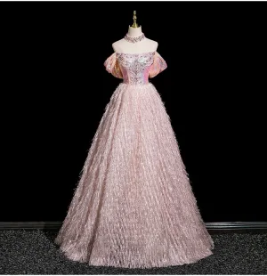 Charming Blushing Pink Beading Rhinestone Sequins Tassel Prom Dresses 2025 A Line Princess Off The Shoulder Sleeveless Backless Floor Length Long Prom Formal Dresses