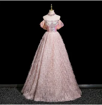 Charming Blushing Pink Beading Rhinestone Sequins Tassel Prom Dresses 2025 A Line Princess Off The Shoulder Sleeveless Backless Floor Length Long Prom Formal Dresses