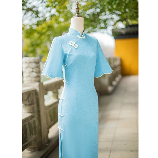 Chinese style Watermelon Tea-length Prom Cheongsam 2024 Trumpet / Mermaid High Neck Bell sleeves