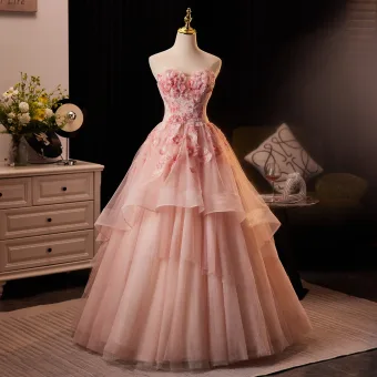 Fée Des Fleurs Rougissant Rose Perlage Paillettes Appliques Robe De Bal 2025 Robe Boule Bustier Sans Manches Dos Nu Longue Robe De Ceremonie