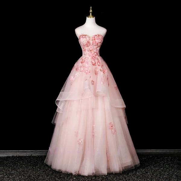 Flower Fairy Blushing Pink Beading Appliques Prom Dresses 2025 Ball Gown Strapless Sleeveless Backless Floor-Length / Long Formal Dresses