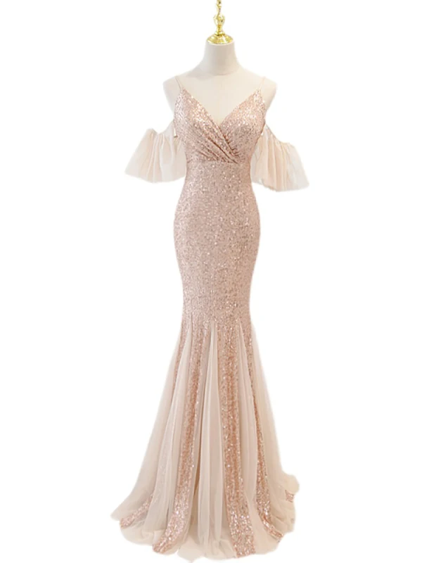 Scintillantes Sexy Doré Paillettes Robe De Soirée 2023 Trompette / Sirène Bretelles Spaghetti Manches Courtes Dos Nu Longue Soirée Robe De Ceremonie