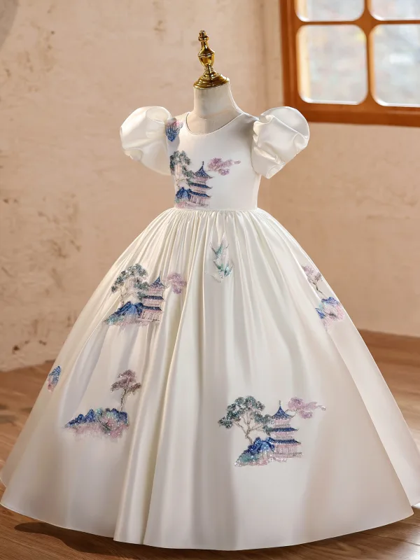 Elegant White Embroidered Birthday Flower Girl Dresses 2026 Ball Gown Scoop Neck Puffy Short Sleeve Backless Floor-Length / Long
