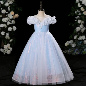 Chic Beautiful Sky Blue Sequins Birthday Flower Girl Dresses 2024 A Line Princess Scoop Neck Ruffle Short Sleeve Floor Length Long