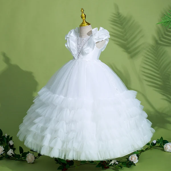 Chic / Beautiful White Birthday Beading Pearl Flower Girl Dresses 2022 Ball Gown Cascading Ruffles Scoop Neck Ruffle Short Sleeve Backless Floor-Length / Long Flower Girl Dresses