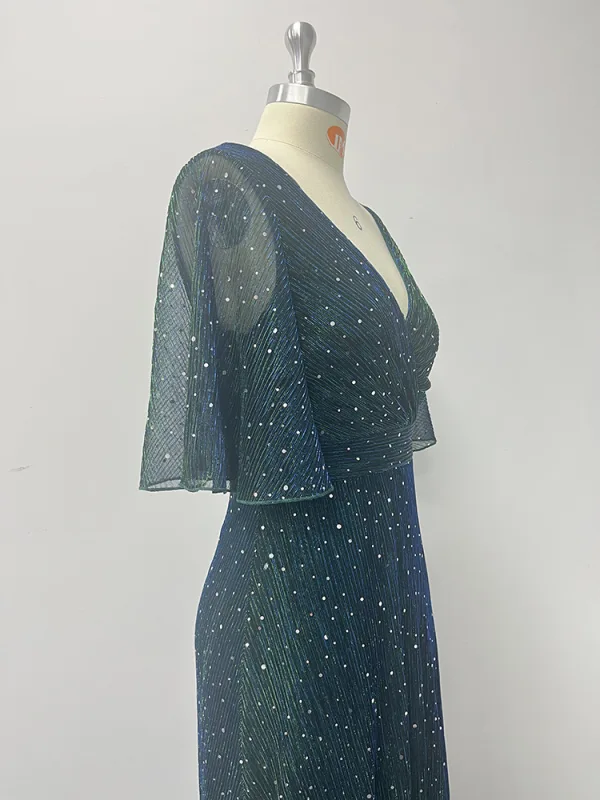 Bling Bling Vert Foncé Perlage Paillettes Robe De Soirée 2024 Princesse V-Cou Manches Courtes Dos Nu Longue Promo Robe De Ceremonie
