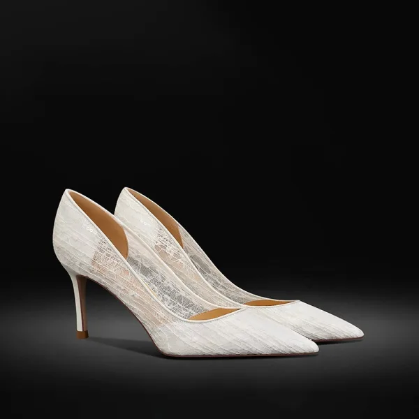 Elegante Witte Kant Bloem Bruidsschoenen 2024 Leer 6 cm Naaldhakken / Stiletto Spitse Neus Huwelijk Pumps Hoge Hakken