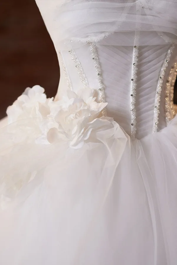 Elegante Weiß Applikationen Brautkleider / Hochzeitskleider 2025 Ballkleid Bandeau Ärmellos Rückenfreies Sweep / Pinsel Zug Hochzeit