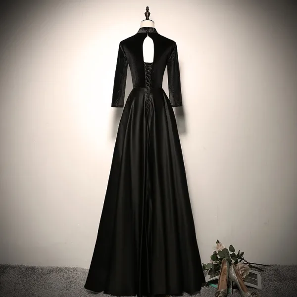 Audrey Hepburn Style Black Prom Dresses 2025 A-Line / Princess High Neck 3/4 Sleeve Backless Floor-Length / Long Prom Formal Dresses