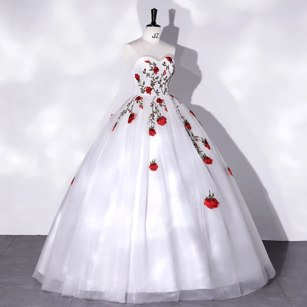 Elegant White Lace Flower Prom Dresses 2022 Ball Gown Strapless Sleeveless Backless Floor-Length / Long Prom Formal Dresses