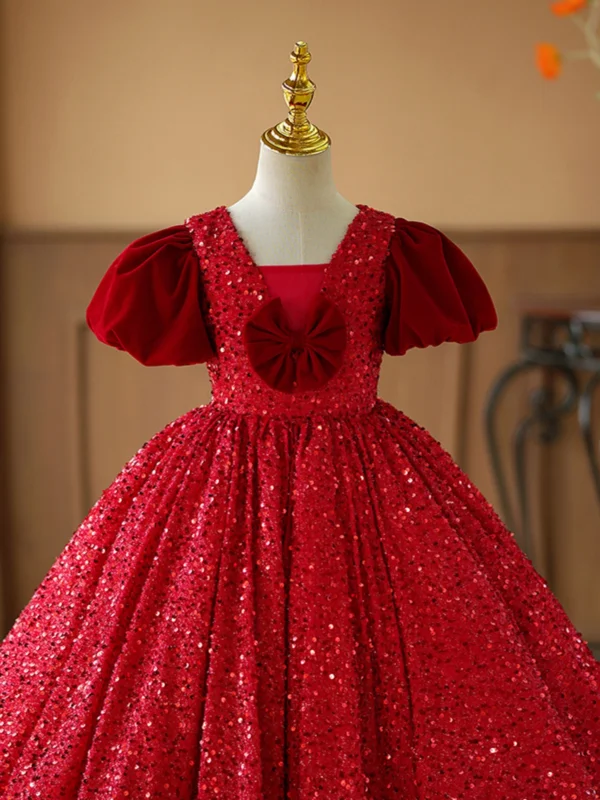 Bling Bling Burgundy Sequins Birthday Flower Girl Dresses 2024 Ball Gown Square Neckline Puffy Short Sleeve Backless Floor-Length / Long