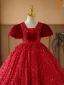 Bling Bling Burgundy Sequins Birthday Flower Girl Dresses 2024 Ball Gown Square Neckline Puffy Short Sleeve Backless Floor-Length / Long