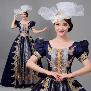 Medieval Vintage Retro Navy Blue Beading Lace Flower Sequins Prom Dresses 2022 Ball Gown U Neck Puffy Short Sleeve Floor Length Long Formal Dresses
