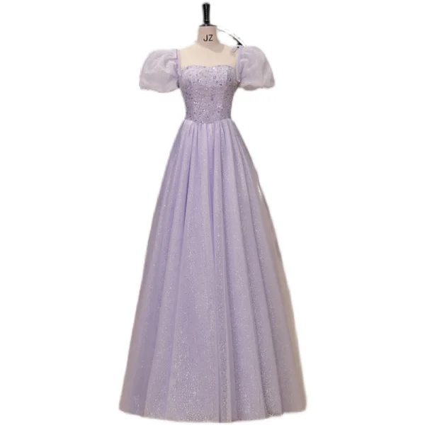 Elegante Lavendel Pailletten Ballkleider 2023 A Linie Eckiger Ausschnitt Geschwollenes Kurze Ärmel Rückenfreies Lange Ball Festliche Kleider