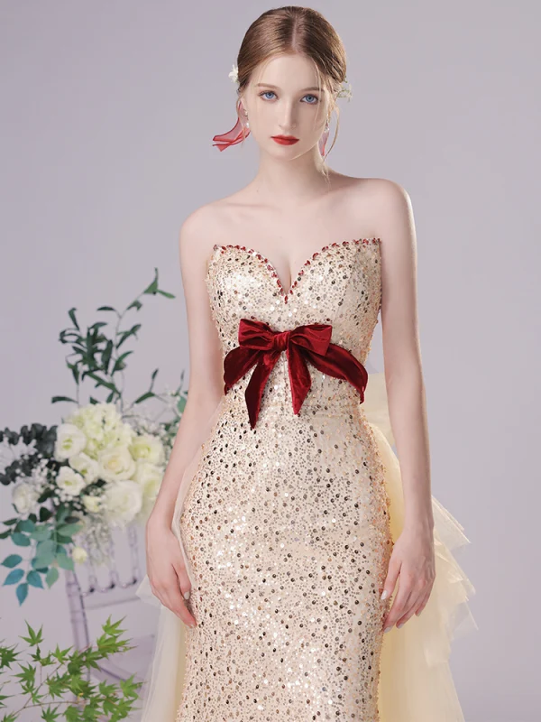 Sexy Champagne Sequins Evening Dresses 2023 Trumpet / Mermaid Strapless Bow Sleeveless Backless Floor-Length / Long Evening Party Formal Dresses