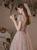 Chic / Beautiful Blushing Pink Spotted Prom Dresses 2023 A-Line / Princess Square Neckline Short Sleeve Backless Floor-Length / Long Prom Formal Dresses