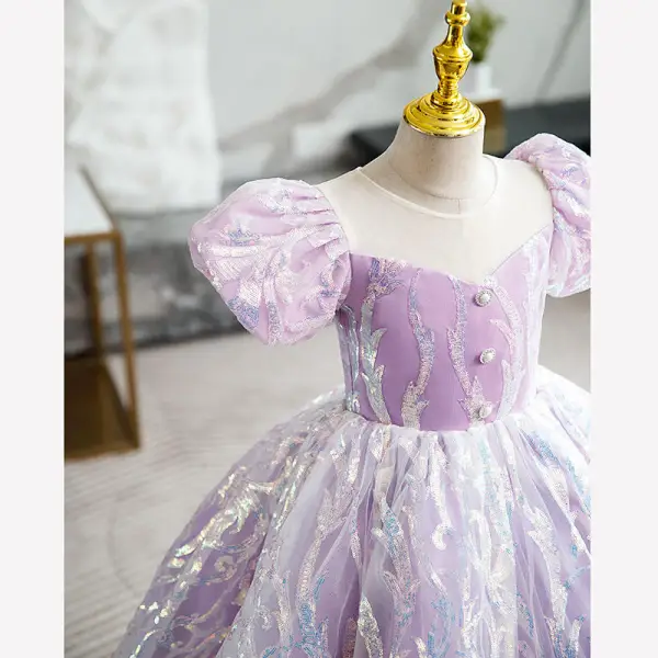 Chic / Beautiful Lavender Pearl Sequins Birthday Flower Girl Dresses 2022 Ball Gown Scoop Neck Puffy Short Sleeve Bow Short Flower Girl Dresses
