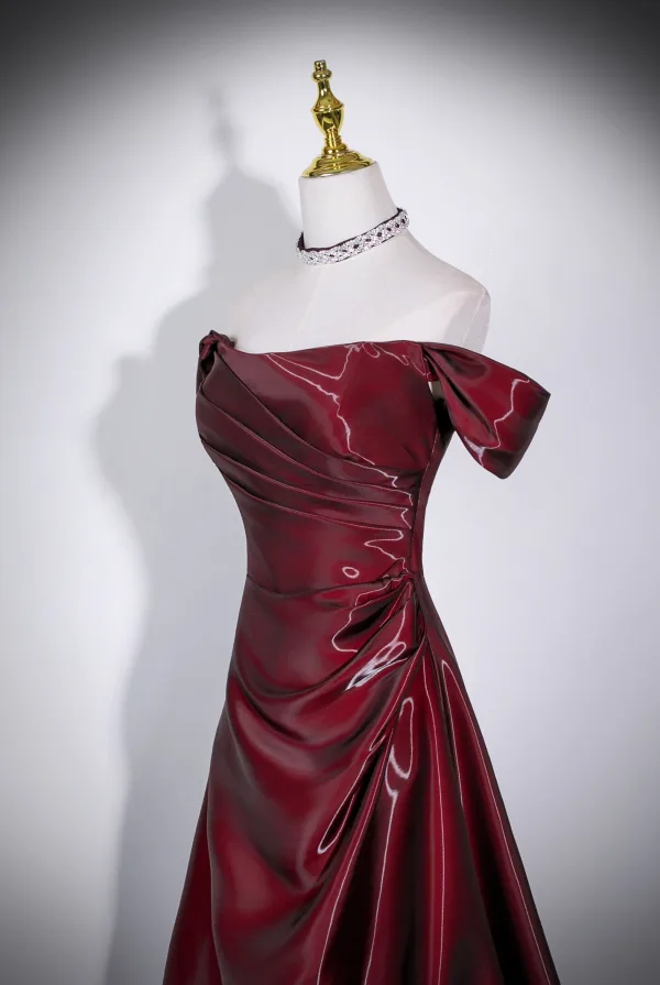 Modest / Simple Burgundy Prom Dresses 2026 A-Line / Princess Off-The-Shoulder Cap Sleeves Backless Floor-Length / Long Formal Dresses